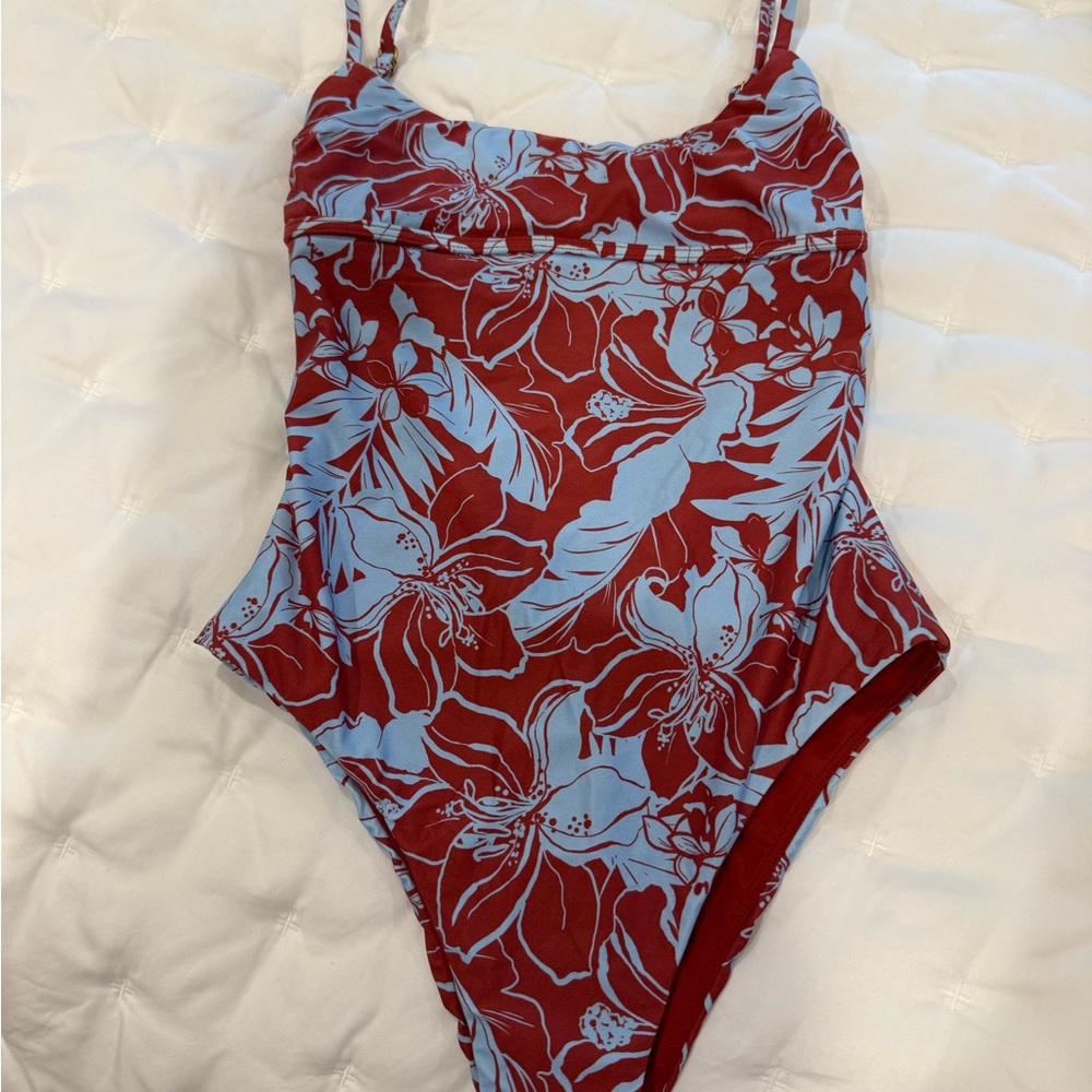 l*space Red One-Piece Swimsuit with Light Blue Floral Print